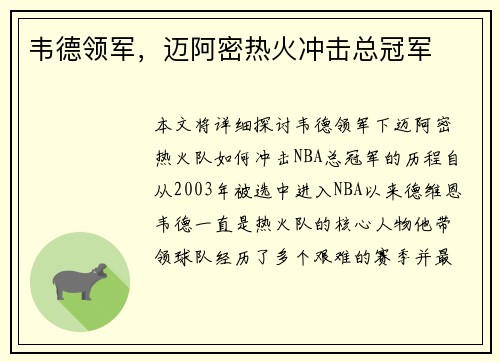 韦德领军，迈阿密热火冲击总冠军